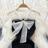 French Hepburn Sequin mesh stitched V-neck small black skirt HZ1023