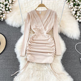 V-neck drawcord pleated sexy slim short Hip Wrap Dress HZ1023