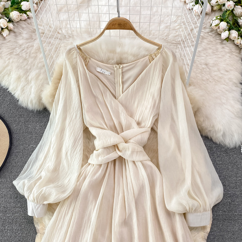 Champagne V Neck Long Sleeve Dress Fashion Dress HZ1023