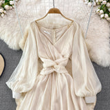 Champagne V Neck Long Sleeve Dress Fashion Dress HZ1023