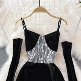 Hepburn style black velvet suspender skirt design sense evening dress skirt HZ1023