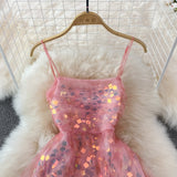 Glittering Sequin lady mesh pink suspender dress summer HZ1023