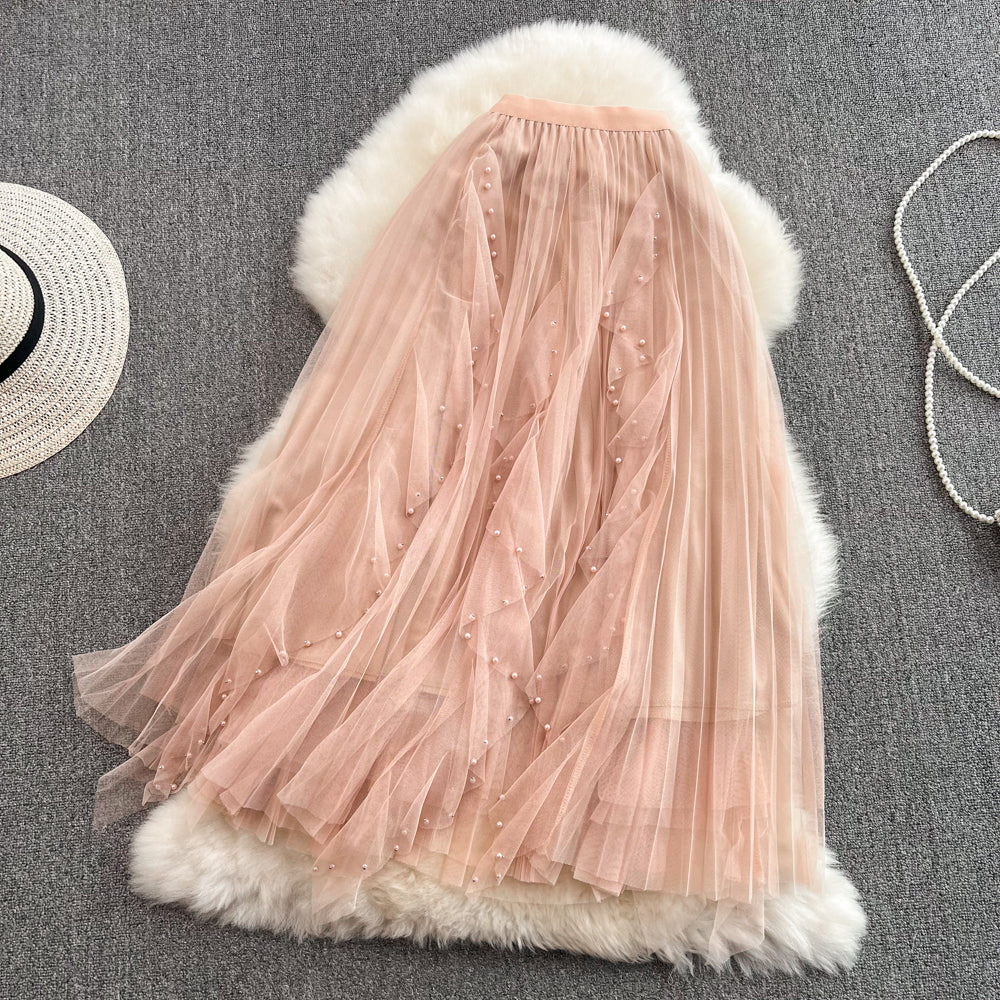 Elastic waist super fairy irregular nail bead mesh skirt HZ1023