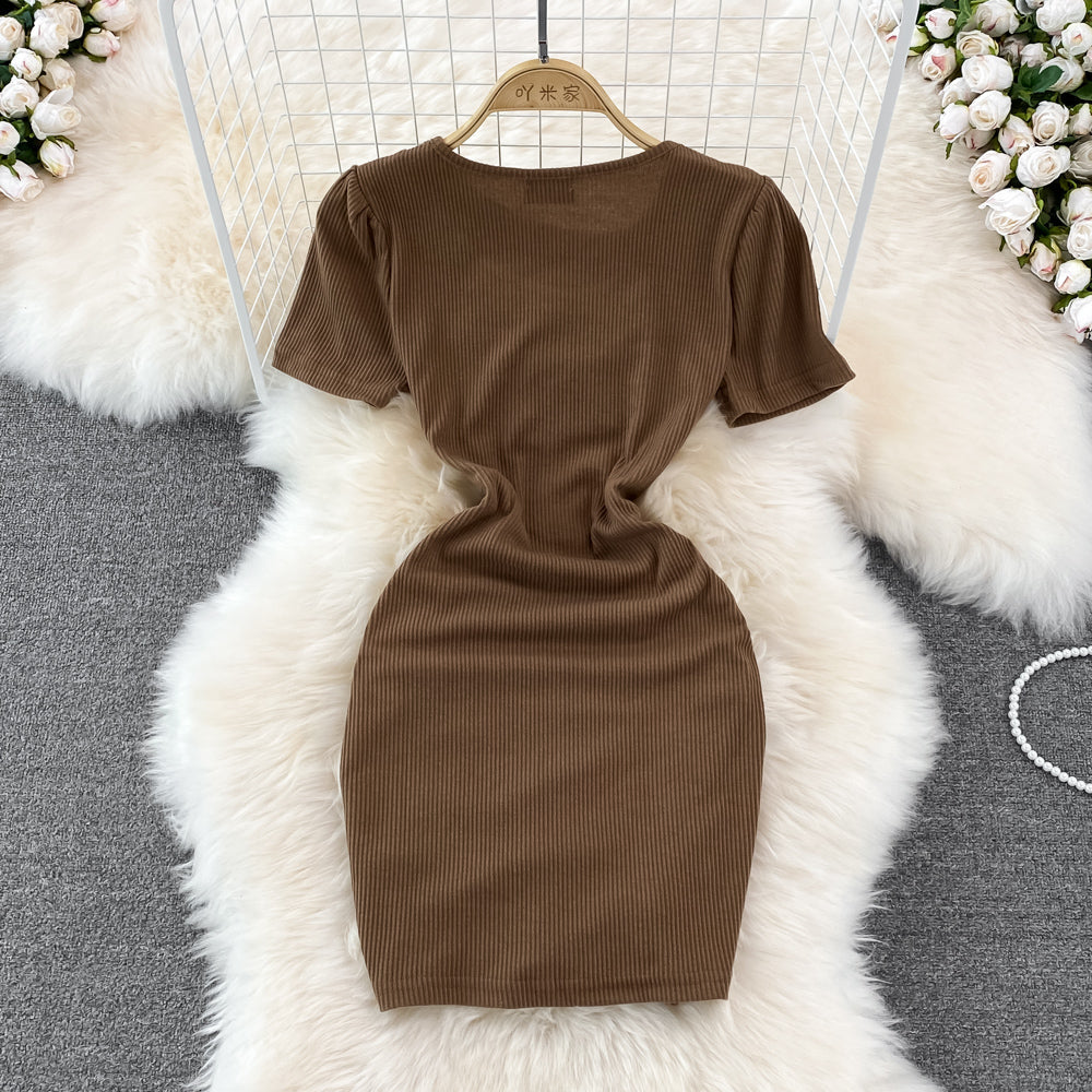 Spice Girl round neck chest hollowed out elastic tight drawstring short Hip Wrap Dress HZ1023