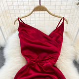 V-neck slim slim acetate Satin pleated split dress dress HZ1023