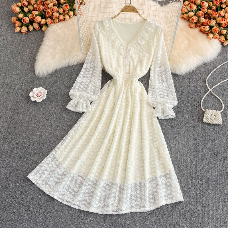 Champagne V Neck Lace Long Dress Fashion Dress HZ1023