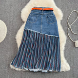 Pleated stitched denim skirt, irregular medium length A-line skirt HZ1023