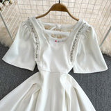 Temperament diamond studded bubble sleeves, slim waist, short A-line dress HZ1023