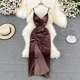 Slim open back split gold velvet dress suspender dress HZ1023