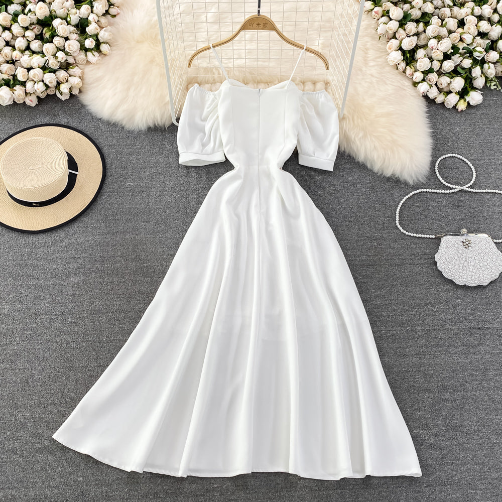 Narrow waist and thin bubble sleeve suspender dress HZ1023