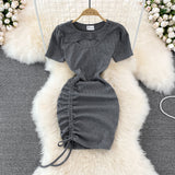 Spice Girl round neck chest hollowed out elastic tight drawstring short Hip Wrap Dress HZ1023