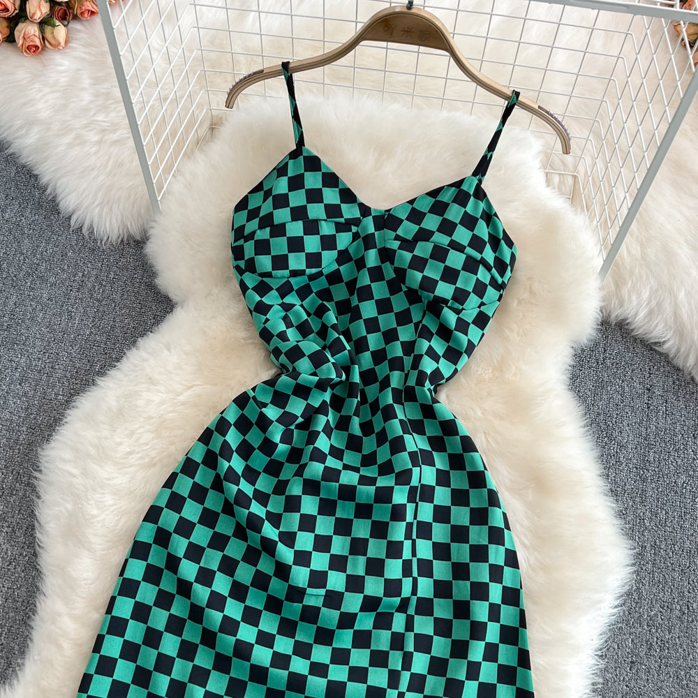 Fashion sleeveless backless split V-neck checkerboard dress HZ1023