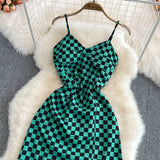 Fashion sleeveless backless split V-neck checkerboard dress HZ1023