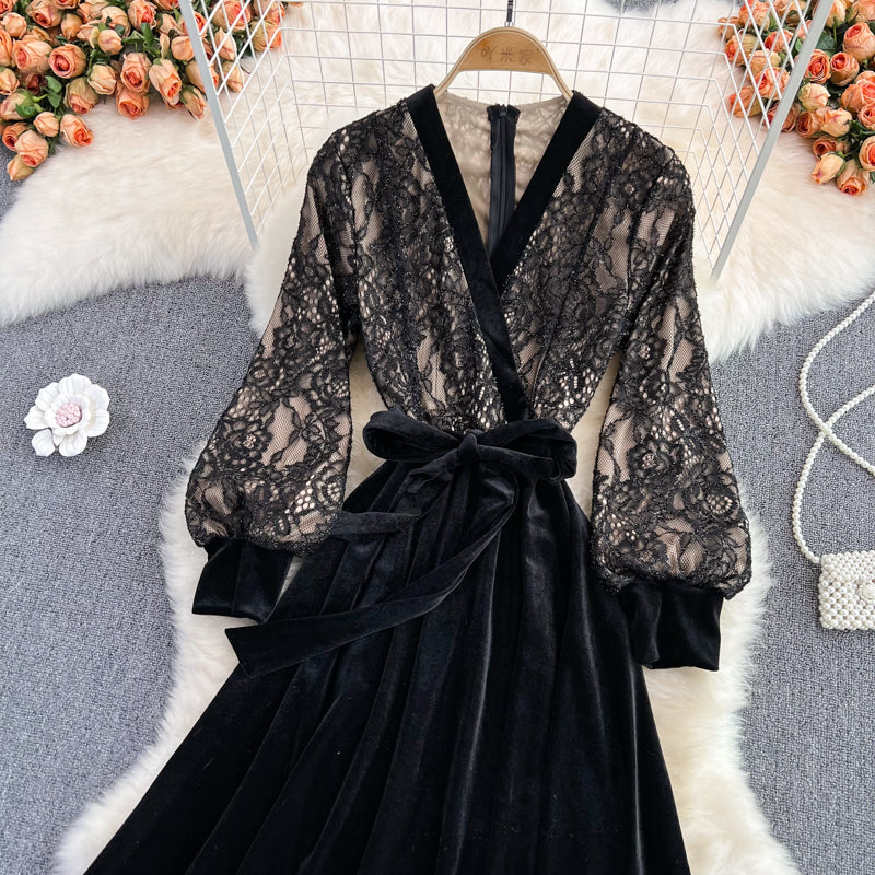 Black V Neck Lace A Line Dress Fashion Dress HZ1023