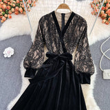 Black V Neck Lace A Line Dress Fashion Dress HZ1023