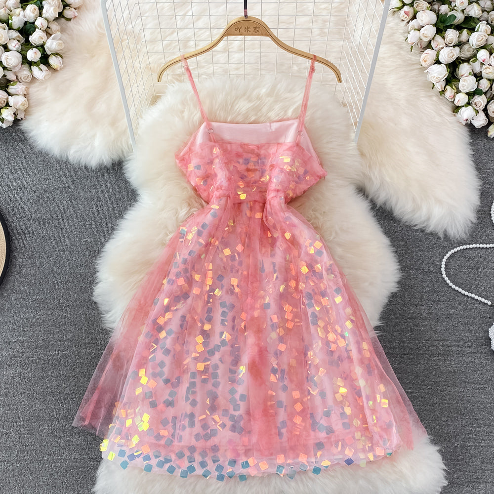 Glittering Sequin lady mesh pink suspender dress summer HZ1023