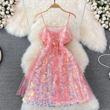 Glittering Sequin lady mesh pink suspender dress summer HZ1023