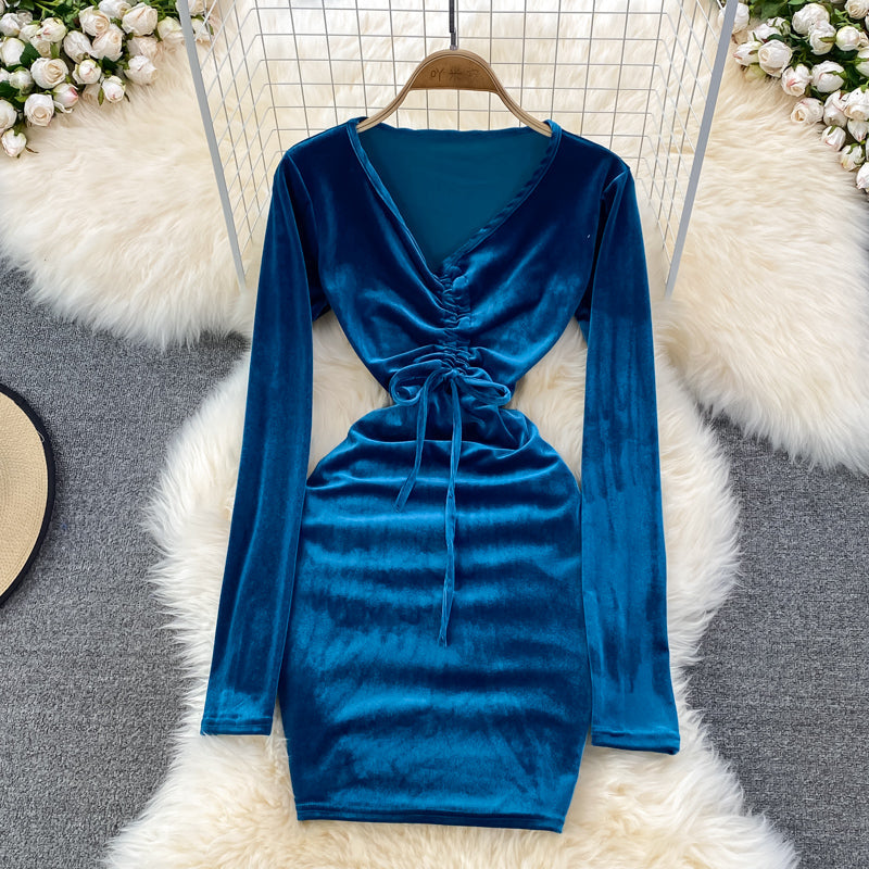 Sexy V Neck Velvet Long Sleeve Dress Fashion Dress HZ1023