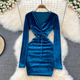 Sexy V Neck Velvet Long Sleeve Dress Fashion Dress HZ1023