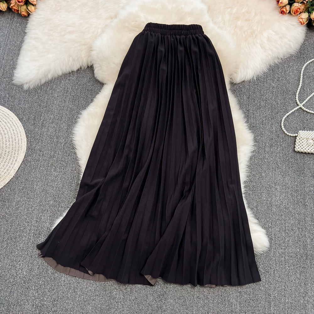 Versatile A-line pleated skirt, elastic waist, medium length, over Knee Skirt HZ1023