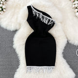 Sleeveless tassel diagonal neck Strapless Hip Wrap short dress HZ1023