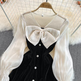 Cute V-Neck Bow Long Sleeve Dress Black Fashion Dress HZ1023