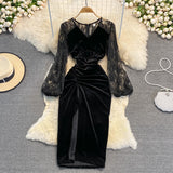 Black V Neck Velvet Dress Long Sleeve Dress HZ1023
