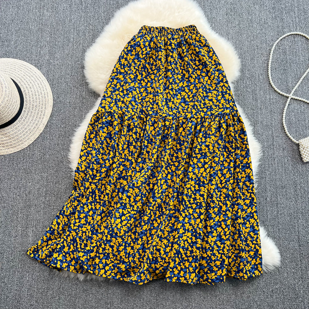 Vintage elastic waist stitched broken flower big swing Chiffon HZ1023