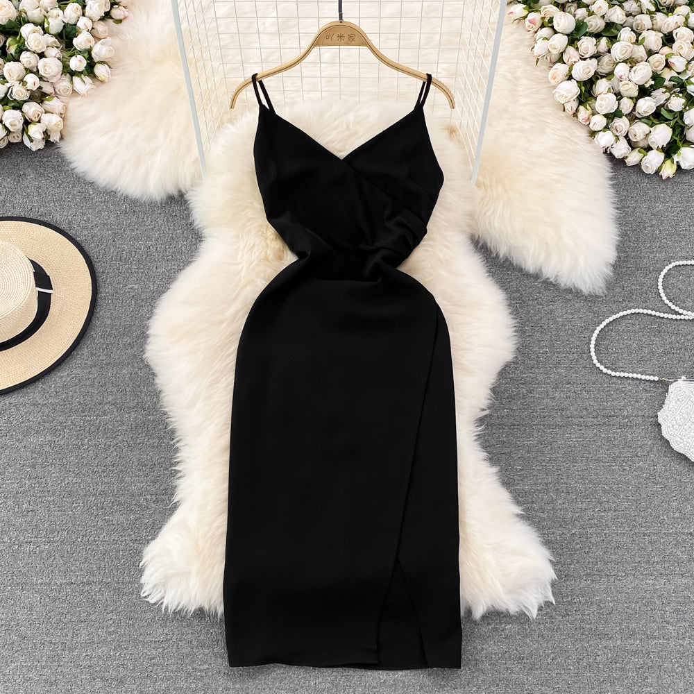 Slim and slim pleated sleeveless V-neck open hip dress HZ1023