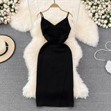 Slim and slim pleated sleeveless V-neck open hip dress HZ1023