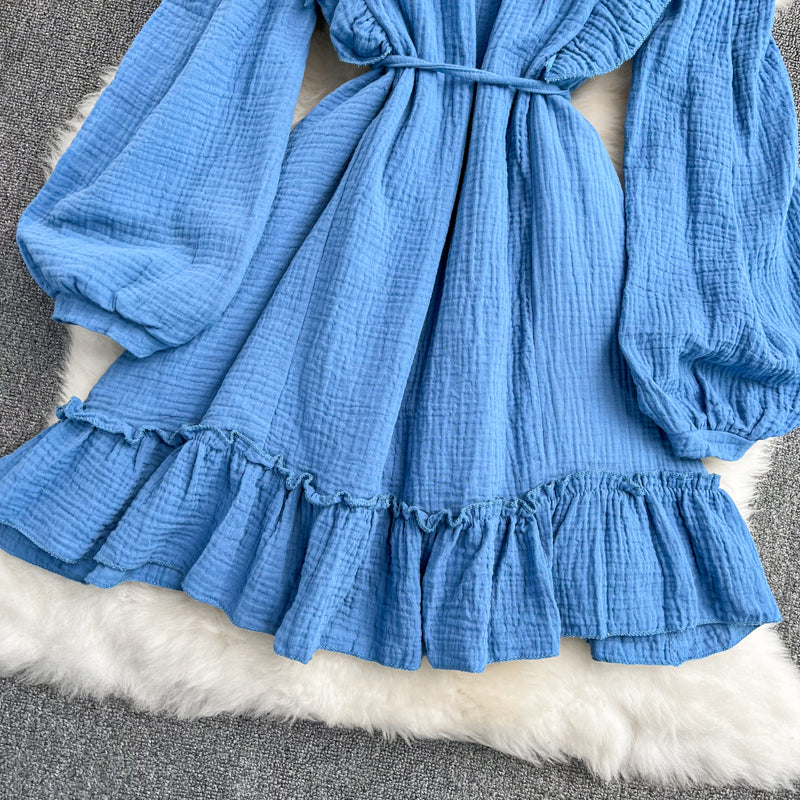 Blue V Neck Long Sleeve Dress Fashion Dress HZ1023