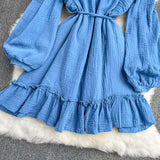 Blue V Neck Long Sleeve Dress Fashion Dress HZ1023