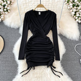 V-neck drawcord pleated sexy slim short Hip Wrap Dress HZ1023