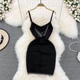 Sleeveless diamond studded tassel irregular Hip Wrap short dress HZ1023