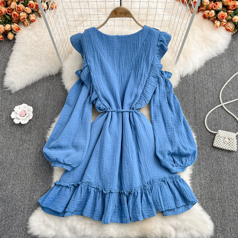 Blue V Neck Long Sleeve Dress Fashion Dress HZ1023