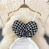 Checkerboard contrast color split buttock dress HZ1023