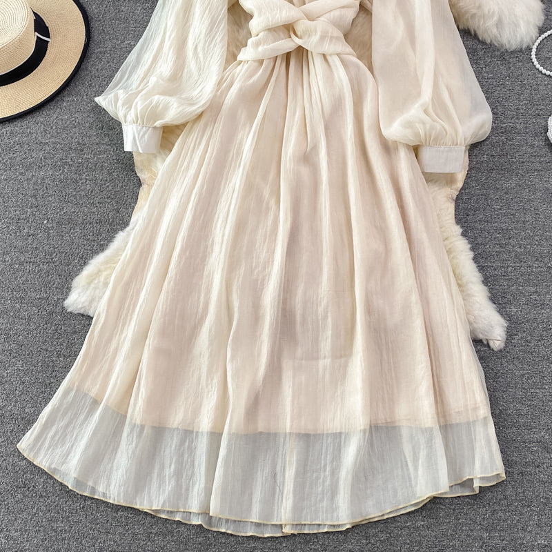 Champagne V Neck Long Sleeve Dress Fashion Dress HZ1023