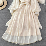 Champagne V Neck Long Sleeve Dress Fashion Dress HZ1023