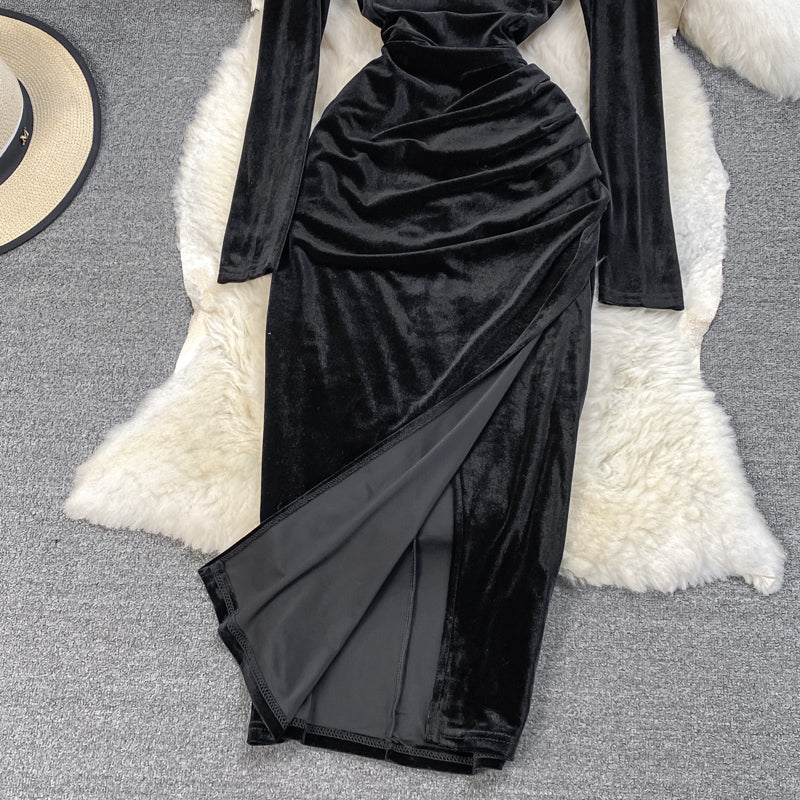 Black Velvet Long Sleeve Dress Fashion Dress HZ1023