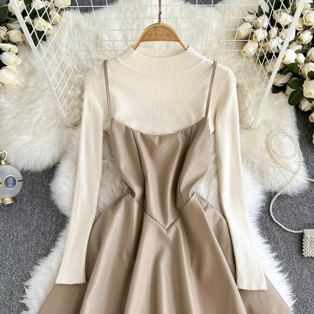 Fashionable Knitted Base Sweater + A Line PU Leather Dress Fashion Dress HZ1023