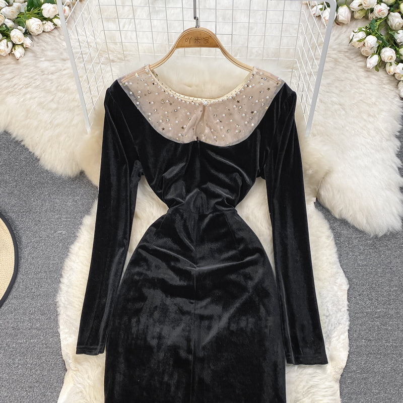 Black Velvet Long Sleeve Dress Fashion Dress HZ1023