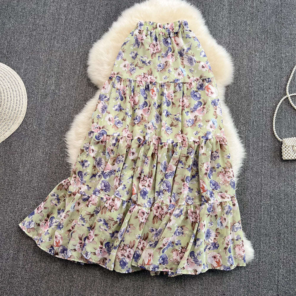 Small fresh high waist thin medium long floral skirt HZ1023