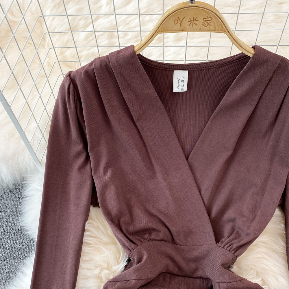 V-neck drawcord pleated sexy slim short Hip Wrap Dress HZ1023