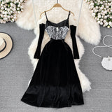 Hepburn style black velvet suspender skirt design sense evening dress skirt HZ1023