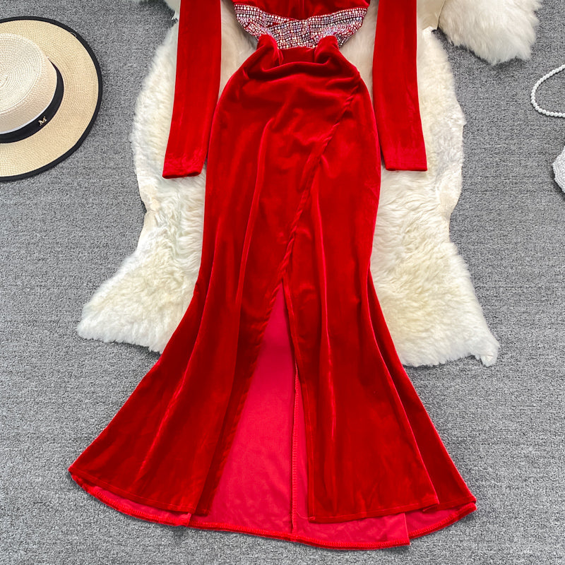 Sexy V Neck Velvet Beads Dress Fashion Dress HZ1023