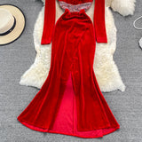 Sexy V Neck Velvet Beads Dress Fashion Dress HZ1023