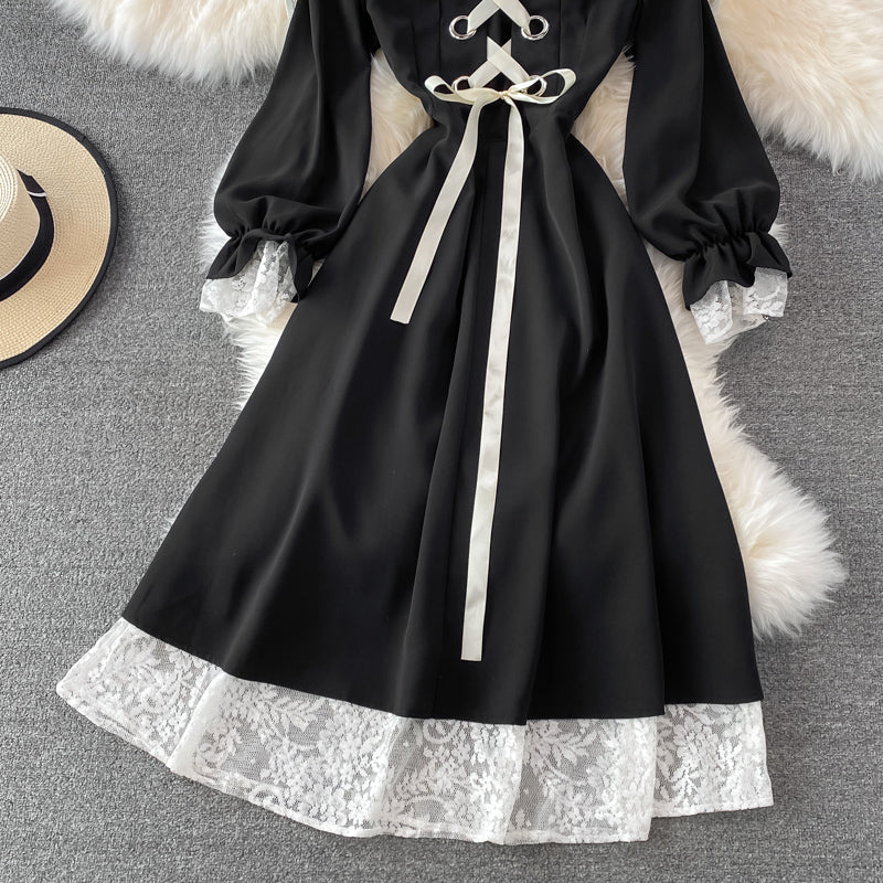 Black A Line Lace Short Dress Lace-Up Fashion Dress HZ1023