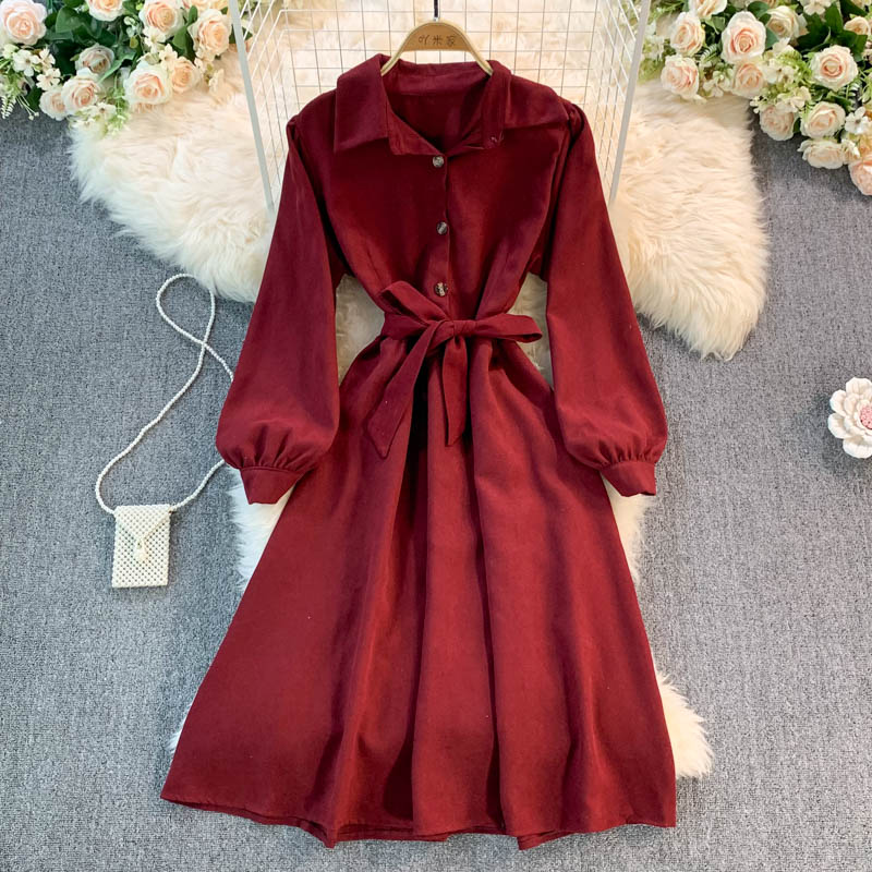 Sweet Long-Sleeved Corduroy Dress A Line Fashion Dress HZ1023