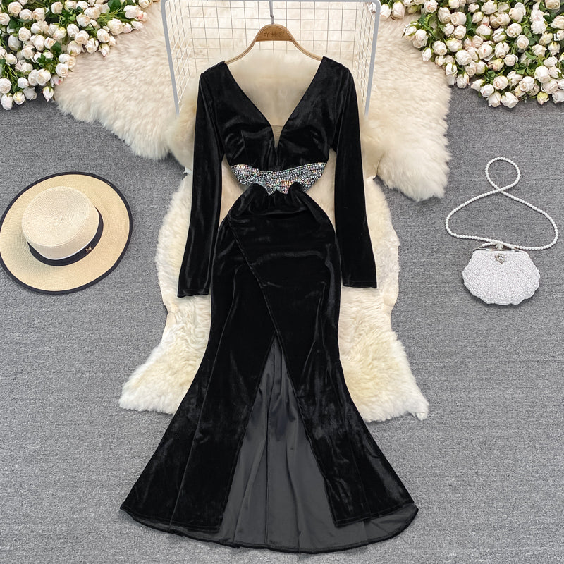 Sexy V Neck Velvet Beads Dress Fashion Dress HZ1023