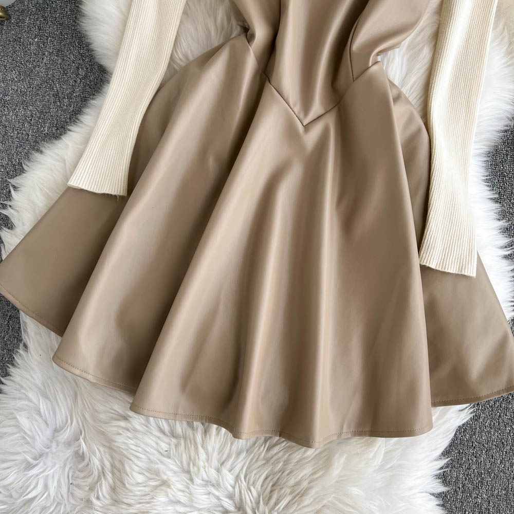 Fashionable Knitted Base Sweater + A Line PU Leather Dress Fashion Dress HZ1023